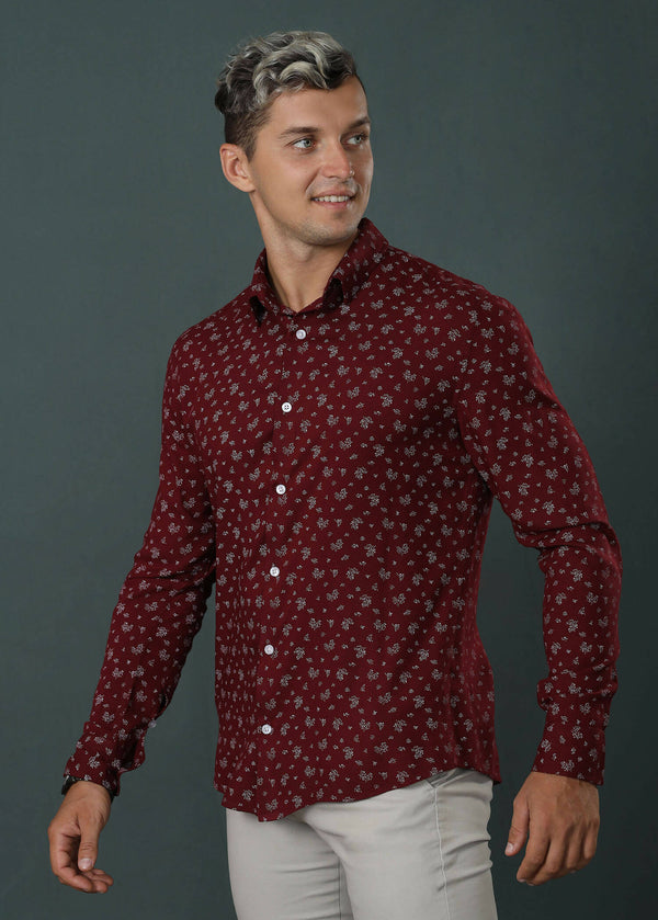 Maroon Printed Casual L/S Shirt
