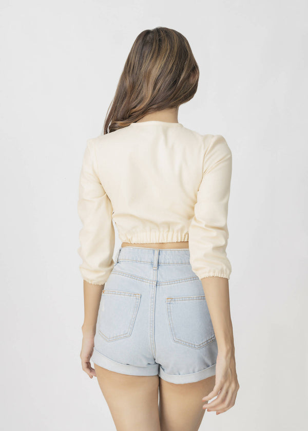 Front twisted sleeve gather crop top (beige)