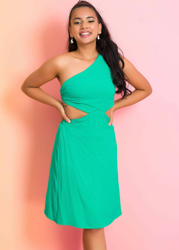 One shoulder dress with side cutout (green)