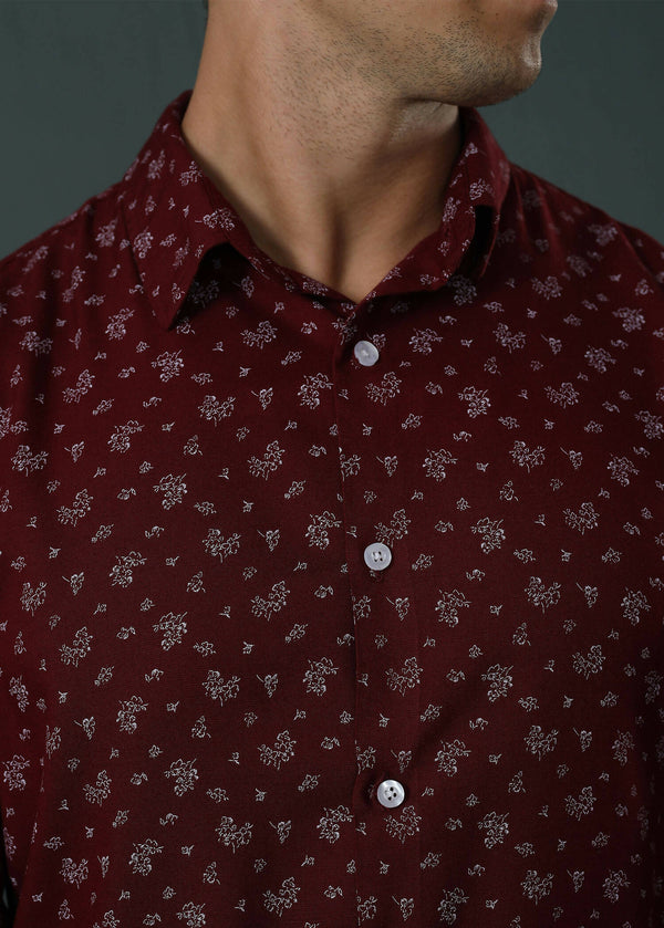 Maroon Printed Casual L/S Shirt