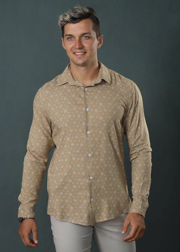 Beige Printed Casual L/S Shirt