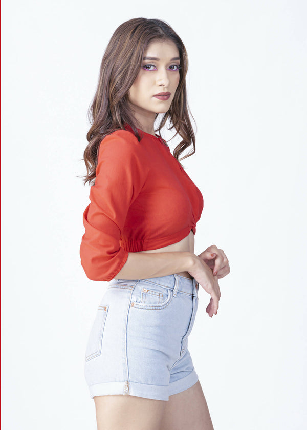 Front twisted sleeve gather crop top (orange)