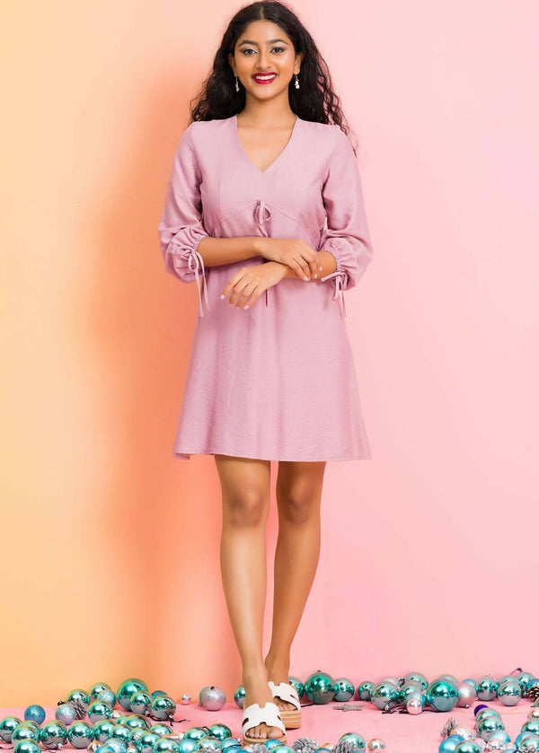 Long sleeve v neck mini dress (salmon pink)