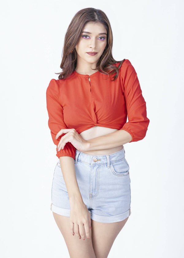 Front twisted sleeve gather crop top (orange)