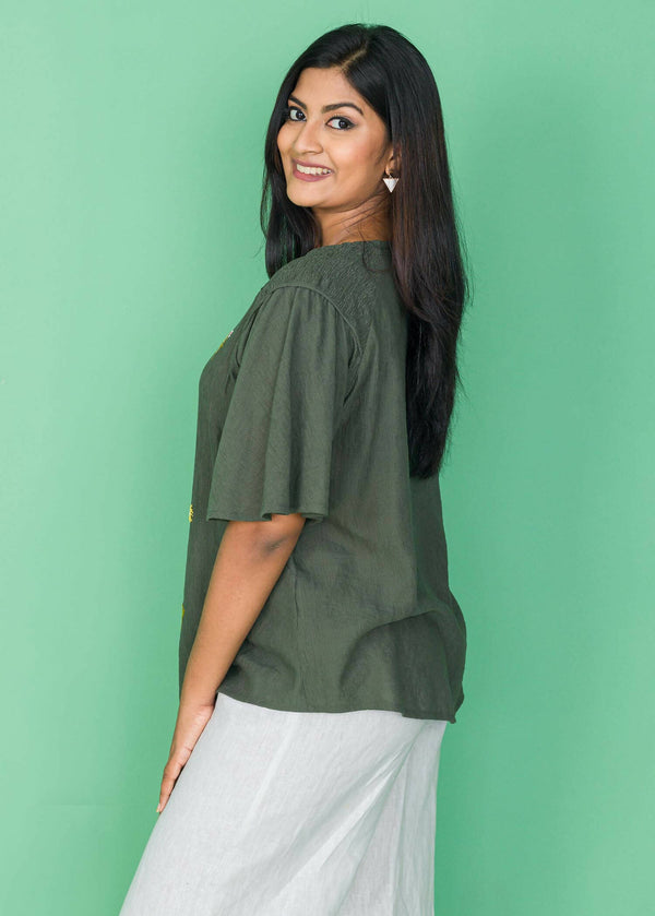 Hand Embroidered Smocking Detail Blouse (Green)