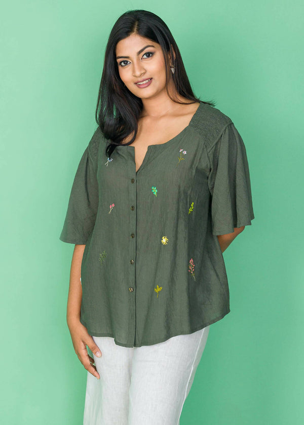 Hand Embroidered Smocking Detail Blouse (Green)