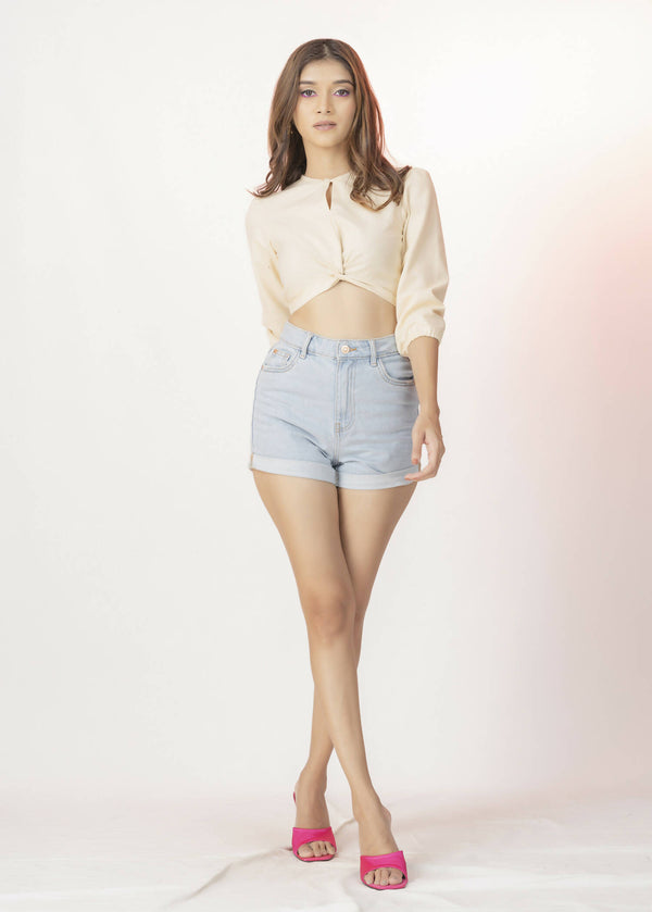 Front twisted sleeve gather crop top (beige)